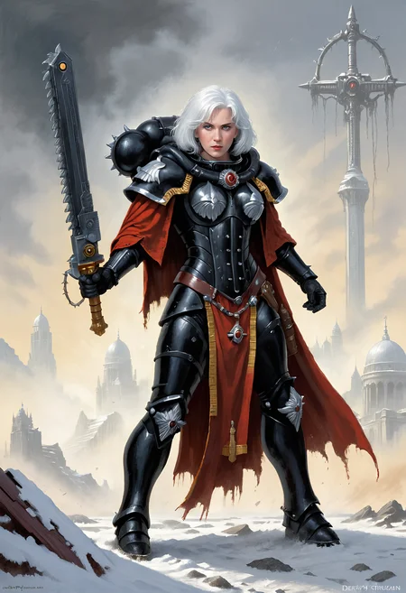 (Art by Drew Struzan), (masterpiece, best quality, hyper detailed, ultra realistic, 32k, RAW photo), full body shot of single adepta sororitas, black power armour, short red cape, holding a single
long masssive 40kchainsword, messy white hair, slight smile, dramatic pose, snowy ruins in background, gold:0.2 details, <lora:add-detail-xl:0.8> <lora:adepta_sororitas_xl_v1:1> <lora:Desolation:0.3> <lora:Chainsword_-_Warhammer_40000_SDXL:1> <lora:RMSDXL_Enhance:0.8> <lora:quality1:0.8>