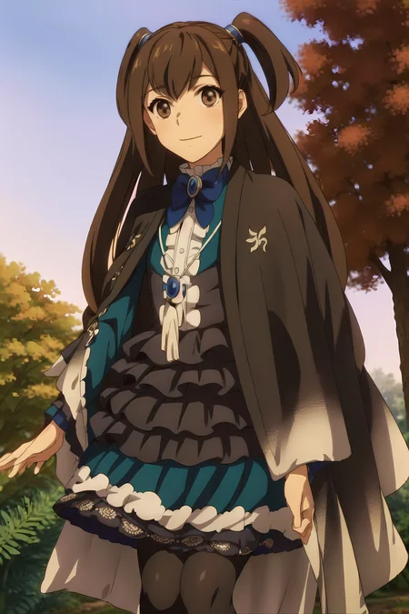 masterpiece, best quality, KizunaKazayama, 1girl, solo, long hair, looking at viewer, smile, closed mouth, brown hair, outdoors, dress, brown eyes, cape, black pantyhose, <lora:KizunaKazayamaLora:0.9>