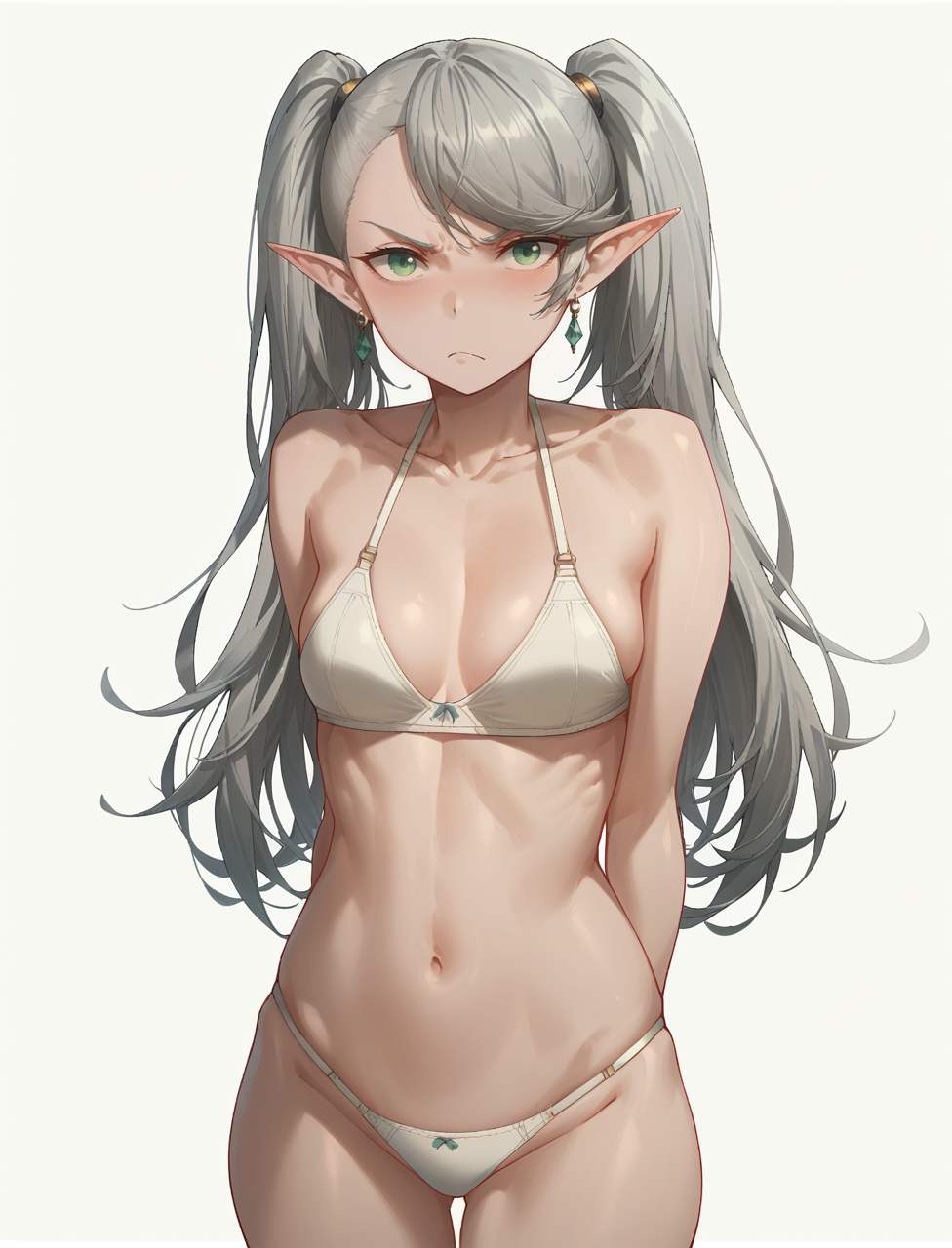 score_9, score_8_up, score_7_up, score_6_up, <lora:Yohand1754V1:0.95>,
1girl, arms behind back, bra, breasts, closed mouth, cowboy shot, earrings, elf, frown, green eyes, grey hair, groin, halterneck, jewelry, light blush, long hair, looking at viewer, navel, panties, pointy ears, simple background, skindentation, small breasts, solo, standing, string bra, string panties, swept bangs, twintails, underwear, underwear only, white background