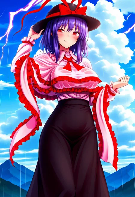 ((akehi yuki style)), ((clouds)), ((day time)), ((mountain)), (rain), ((purple lightning)), 1girl, solo, ((large breasts)), (smile), (standing), ((posing)), (blush), ((nagae iku)), medium hair, purple hair, red eyes, hat, black hat, bow, skirt, hat bow, long sleeves, shirt, ((black long skirt)), red bow, capelet, white shirt, ribbon, frills, shawl, frilled shawl