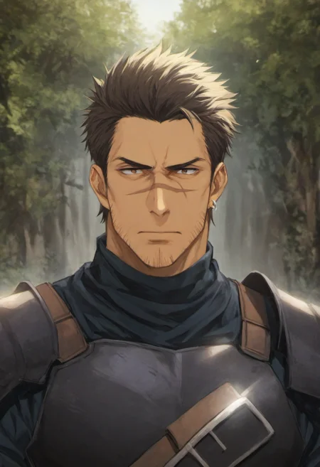 1boy, GridHalf,  short hair, (scar on face), scar over nose, earring, black armor, score_8_up, score_7_up, score_6_up, score_9_up, face_focus, a muscular male soldier stand at forest, fantasy, ancient ,medieval, (manly), mouth, hairy, muscular, centered, looking at viewer,  8k uhd, high quality,
