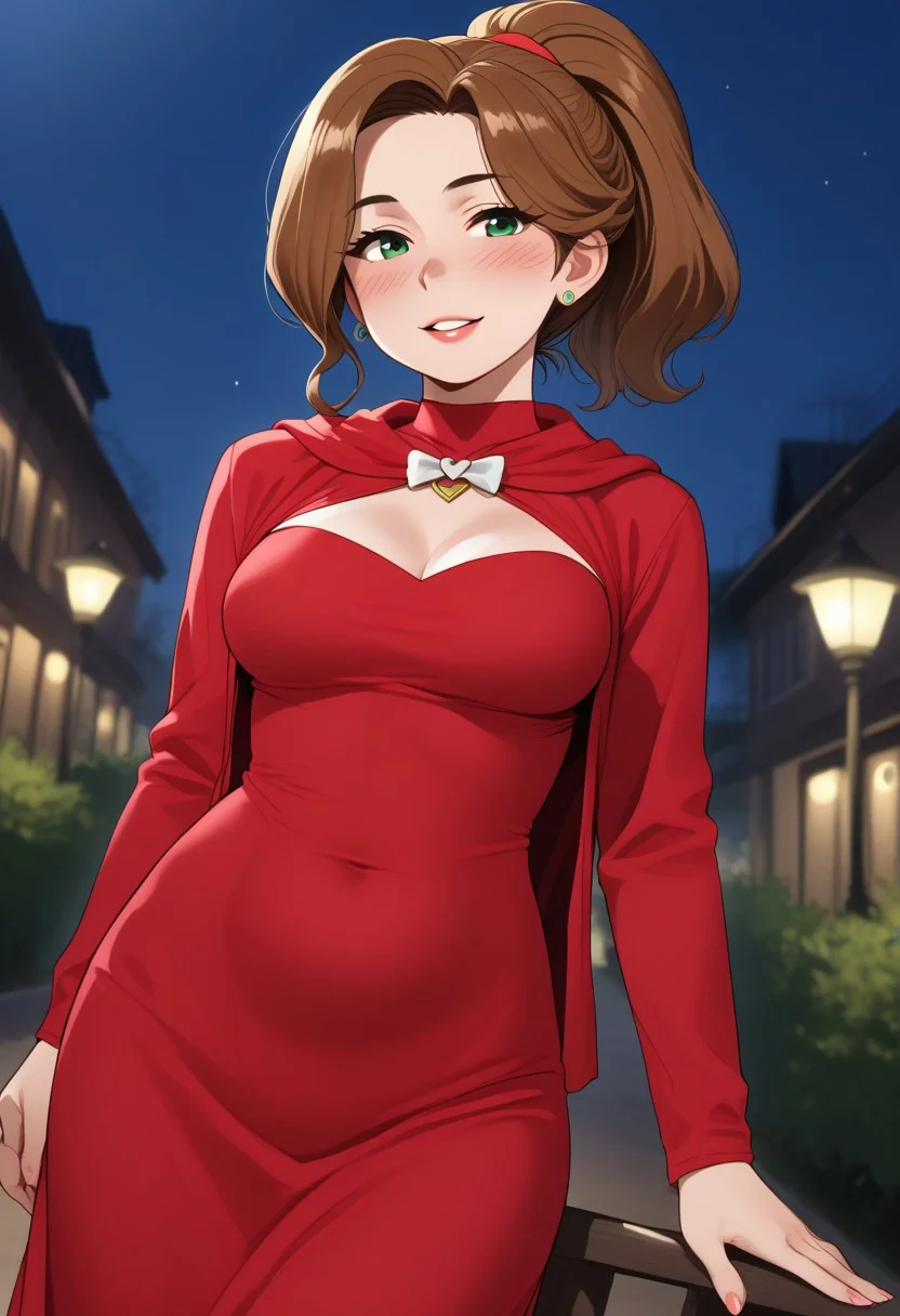 <lora:ratatatat74_style_pdxl_goofy:1>, 1girl, solo, score_7_up, mature mother, caramel hair, ponytail hair, green eyes, tanline, (flirty expression:1.2), depth of field, (valentines costume), night outside, dutch angle, ht_sanjimerisa, sfw, safe for work