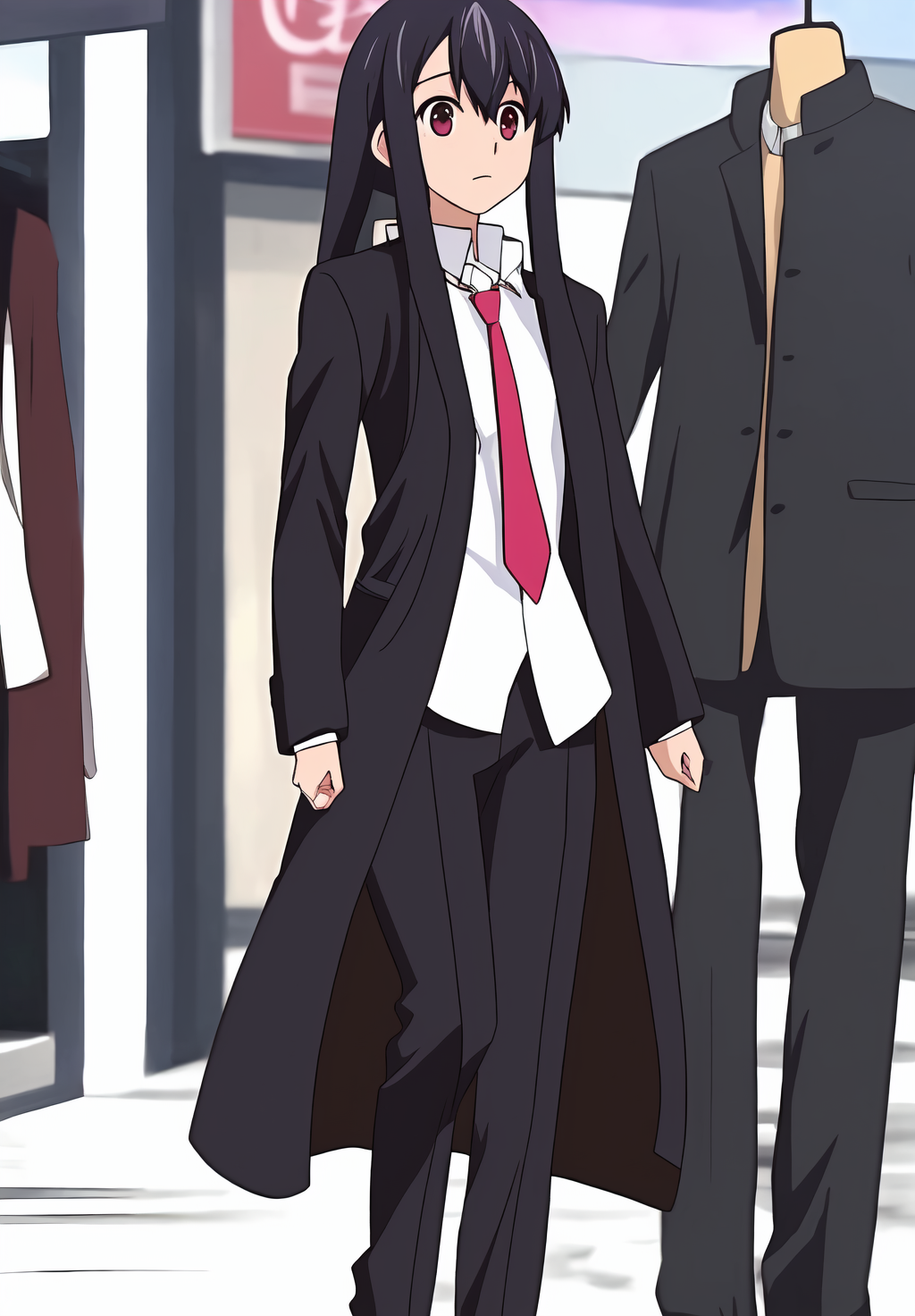 <lora:Kuroumaru_Tokisaka:0.8>, (masterpiece, best quality,perfect lighting), Kuroumaru_Tokisaka, 1girl, solo, white shirt, necktie, pants, coat, open coat, black coat, long coat
