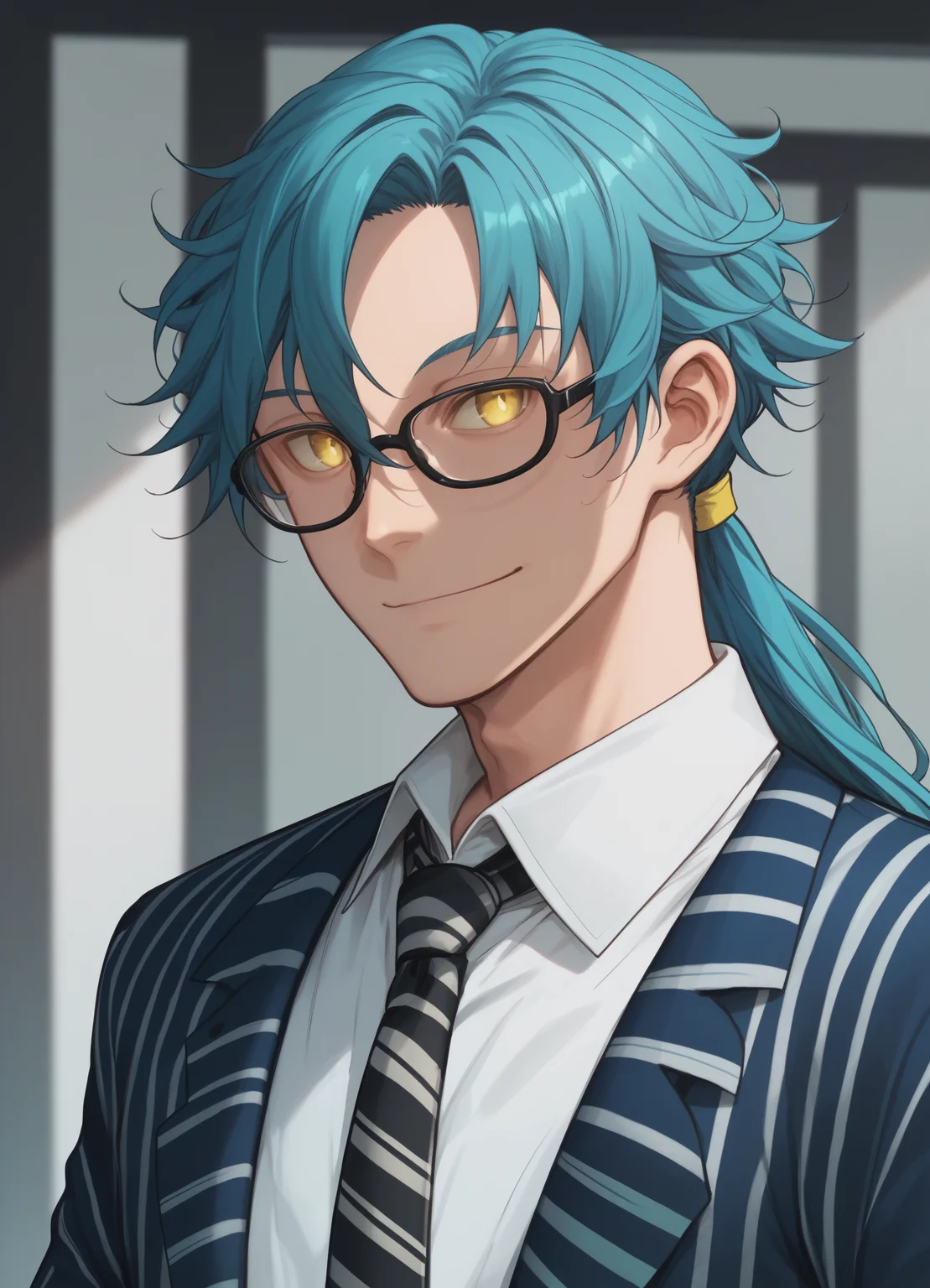 score_9, score_8, score_7_up, solo, 1boy, male focus, striped jacket, shirt, long sleeves, blue hair, looking at viewer, white shirt, collared shirt, tie, low ponytail, long bang, frills, upper body, aqua hair, yellow eyes, smile, glasses,
, <lora:Fukuda_Hiroshi_PonyXL_dim40:1>