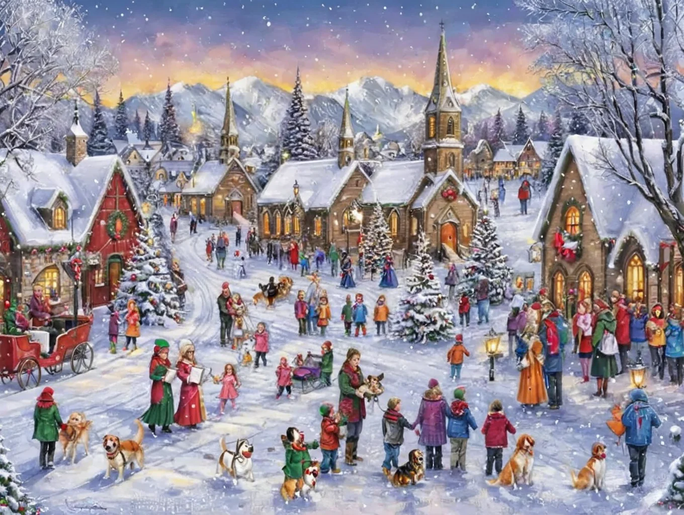 vxc, a winter village surrounded in snow, christmas tree, choir, church, snowman, families, pet dog <lora:Vintage_Christmas_Card_Generator_XL-KK:0.8>
