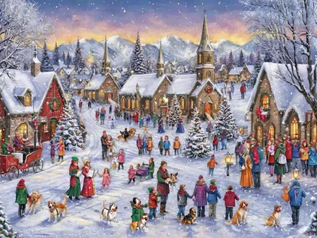 vxc, a winter village surrounded in snow, christmas tree, choir, church, snowman, families, pet dog <lora:Vintage_Christmas_Card_Generator_XL-KK:0.8>