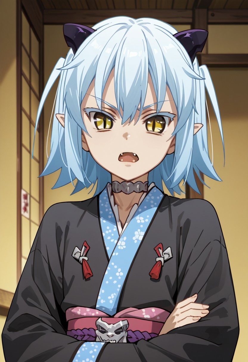 score_9,score_8_up,score_7_up,source_anime, Shiroyasha,1girl,solo,open mouth,long sleeves,upper body,horns,japanese clothes,choker,indoors,fang,kimono,sash,obi,crossed arms,slit pupils,black kimono,