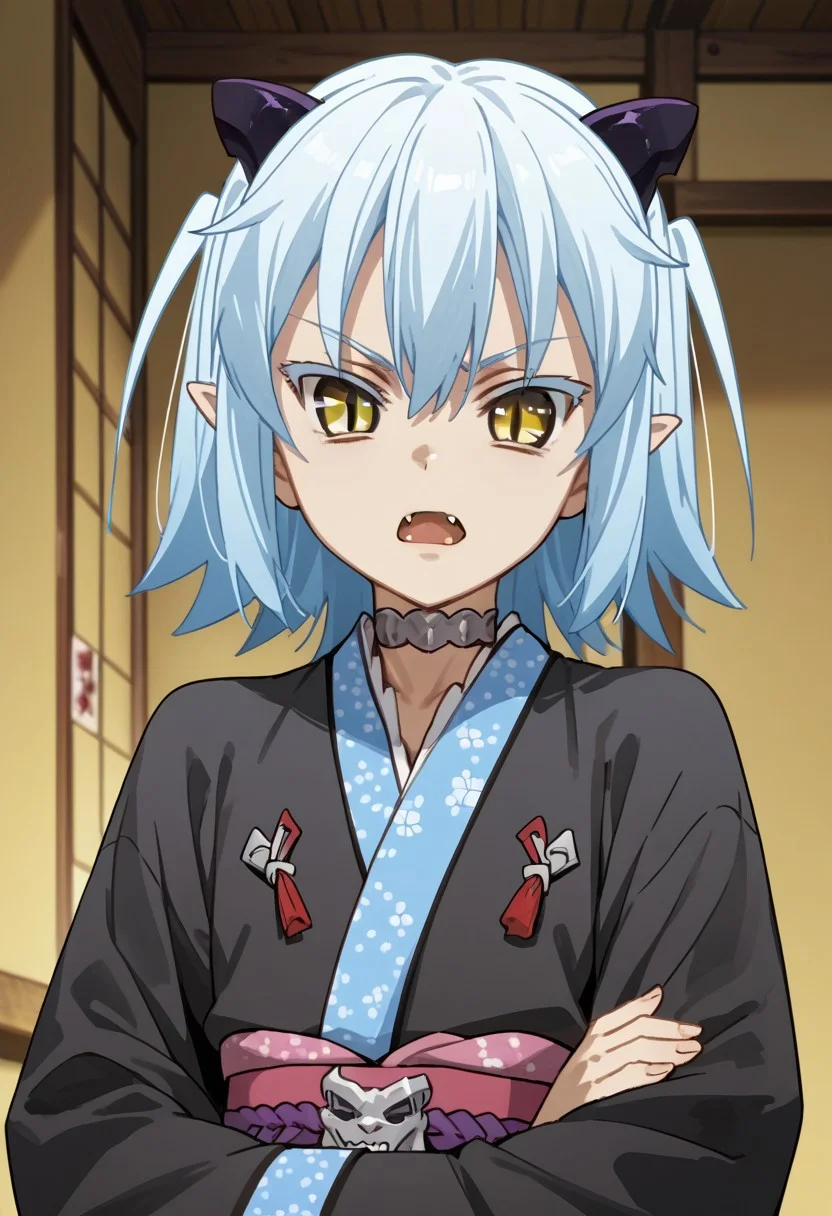 score_9,score_8_up,score_7_up,source_anime, Shiroyasha,1girl,solo,open mouth,long sleeves,upper body,horns,japanese clothes,choker,indoors,fang,kimono,sash,obi,crossed arms,slit pupils,black kimono,