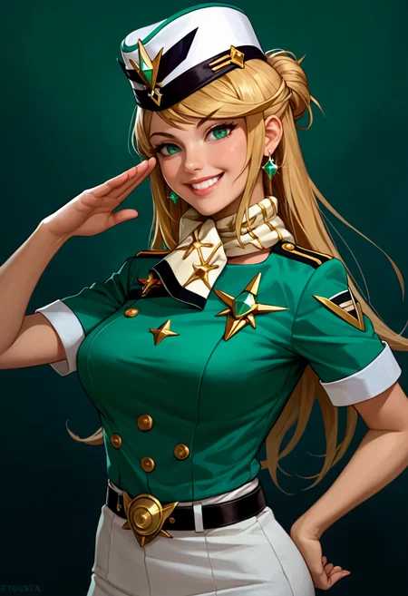 score_9, score_8_up, score_7_up, score_6_up, st3w4rd3ss, solo, white green clothing, mythra, blonde hair, contrapposto,  earrings,white garrison cap, formal, single hair bun, salute, [gold scarf], woman, happy,  belt, short sleeves, looking at viewer, <lora:RSO-42-PDXL:0.8>
