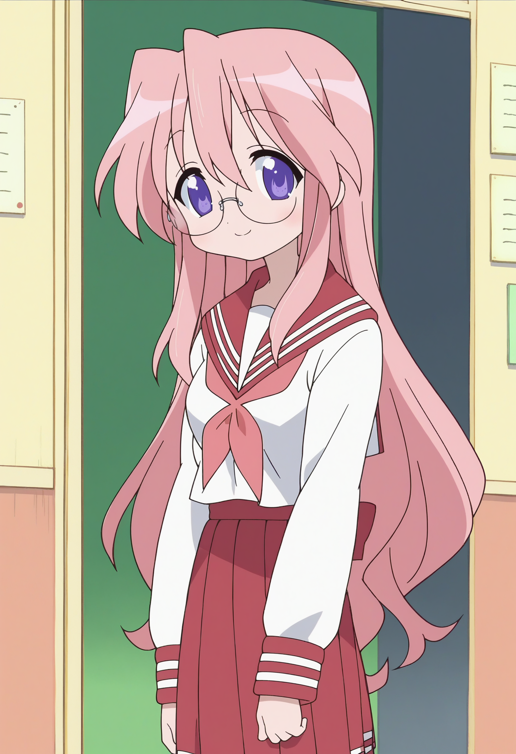 score_9, score_8_up, score_7_up, score_6_up, score_5_up, score_4_up , anime coloring ,BREAK source_anime, anime,screencap,
1girl, solo, lsmiyuki, 1girl, solo, school uniform, school shirt, sailor collar, pink neckerchief, grey pantyhose, glasses, red skirt, <lora:PonyXL LS Miyuki V2:1>
indoors, 
smile, looking at viewer,