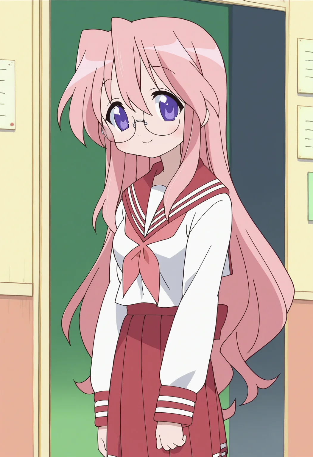 score_9, score_8_up, score_7_up, score_6_up, score_5_up, score_4_up , anime coloring ,BREAK source_anime, anime,screencap,
1girl, solo, lsmiyuki, 1girl, solo, school uniform, school shirt, sailor collar, pink neckerchief, grey pantyhose, glasses, red skirt, <lora:PonyXL LS Miyuki V2:1>
indoors,
smile, looking at viewer,