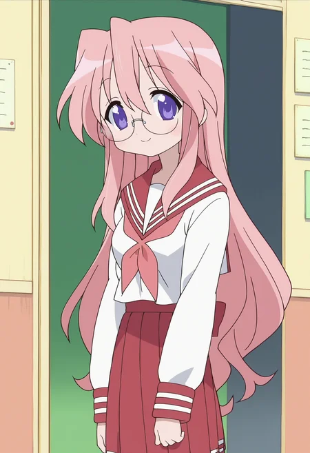 score_9, score_8_up, score_7_up, score_6_up, score_5_up, score_4_up , anime coloring ,BREAK source_anime, anime,screencap,
1girl, solo, lsmiyuki, 1girl, solo, school uniform, school shirt, sailor collar, pink neckerchief, grey pantyhose, glasses, red skirt, <lora:PonyXL LS Miyuki V2:1>
indoors,
smile, looking at viewer,
