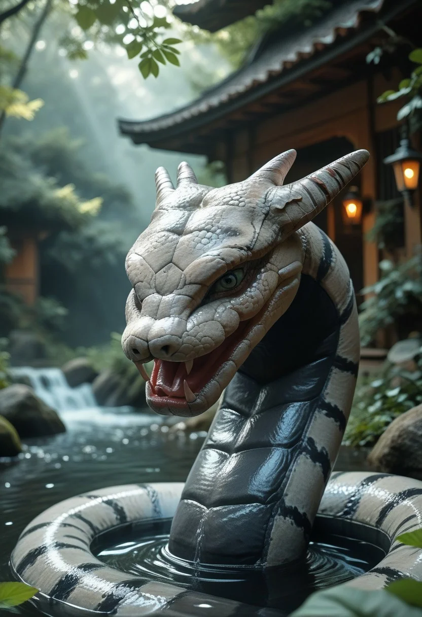(((score_9, score_8_up, score_7_up)):2.0), source_photo, hyperrealistic, photo, photorealism, realistic lightings, Dynamic Lighting, s1_dram, Warm lighting, Japanese garden, cherry trees, detailed background, (((Naruto_Manda, snake))), slit pupils, green eyes, purple body, body markings, black eye markings, 2 pair of horns, black belly scales, highly detailed, cinematic lighting, realistic shadows, skin texture realistic, masterpiece, award winning photography