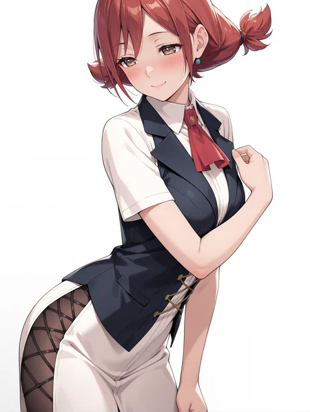 masterpiece,best quality,newest,
1girl,solo,
<lora:t_hibari_ilxl_v1.0:1>,t_h,short twintails,red hair,brown eyes,h_clothes,red ascot,black_pantyhose,
<lora:Fixhands_anime_bdsqlsz_V1:1>,blush,simple background,white background,arched_back,arm_above_head,cowboy_shot,looking ahead,white long pencil skirt,portrait,teasing_smile,half-closed eyes,