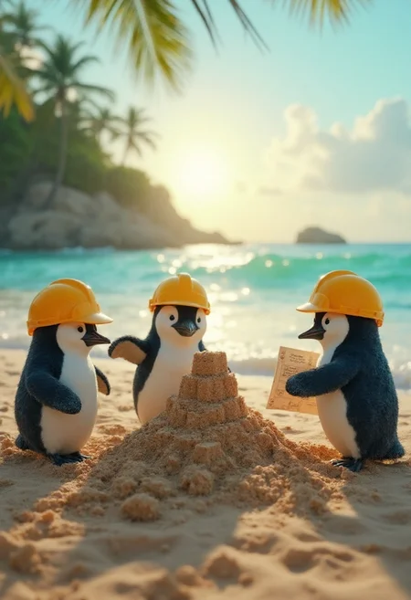 "Three penguins in yellow construction helmets, building a sandcastle on a tropical beach, one holding a blueprint, the ocean behind them glowing in soft blue hues under the setting sun, hyperrealistic textures, playful and cinematic."