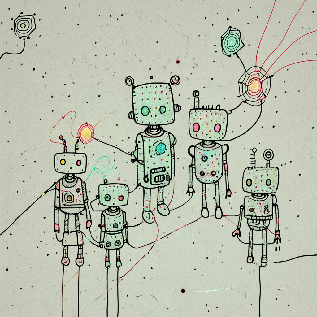Playful doodle robot family, mix of geometric shapes, antenna hair, LED eyes, scribbled wires, simple background with circuit patterns, primary color palette ArsWorld, Doodle, <lora:ArsMorph_-_World_of_Doodle:1>