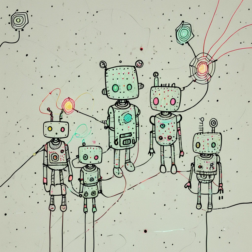 Playful doodle robot family, mix of geometric shapes, antenna hair, LED eyes, scribbled wires, simple background with circuit patterns, primary color palette ArsWorld, Doodle, <lora:ArsMorph_-_World_of_Doodle:1>