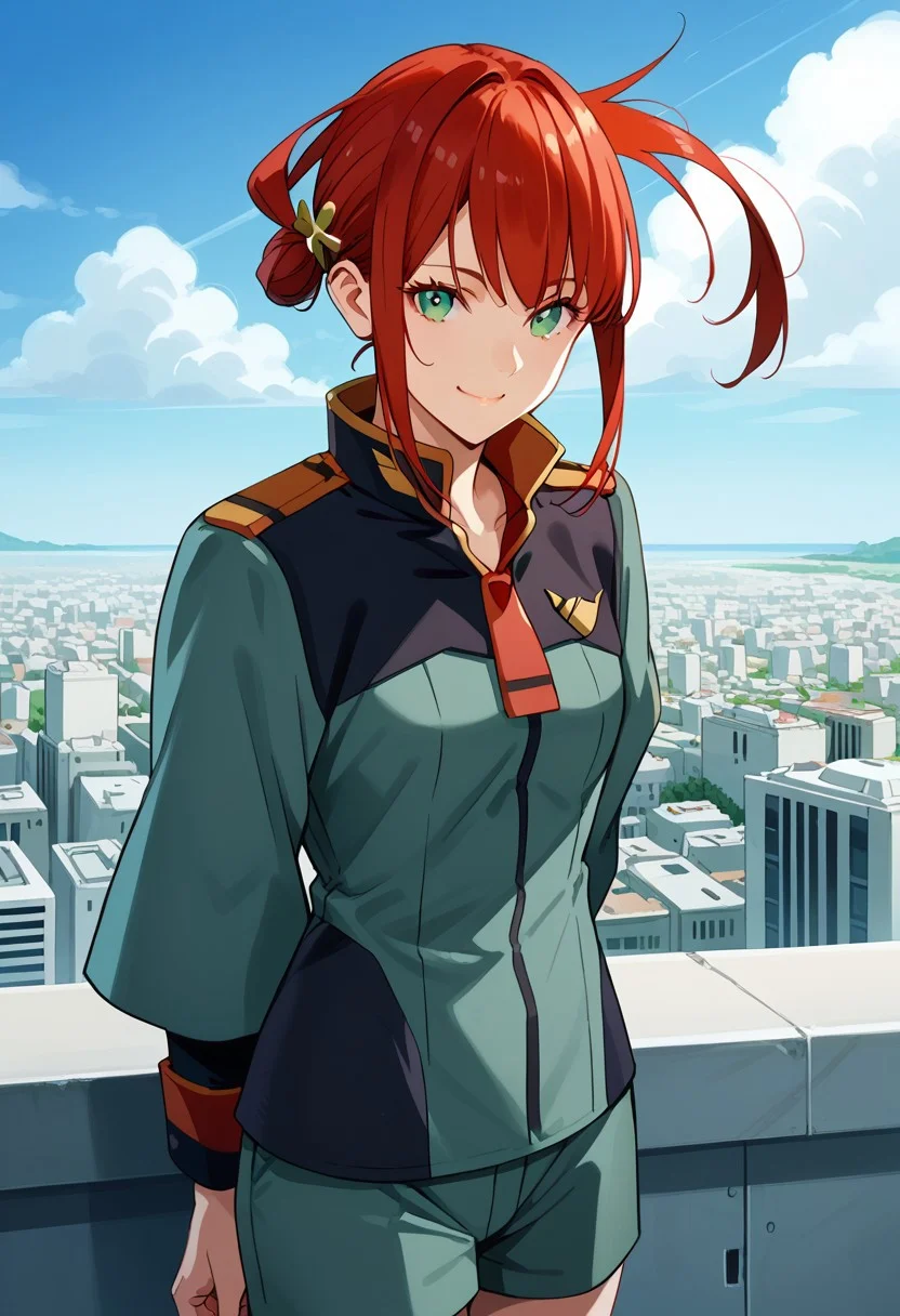 score_8, score_8_up, score_7_up, source_cartoon, 1girl, solo, female focus, alma_CF, red hair, short hair with long locks, bangs, sidelocks, single hair bun, hair ornament, floating hair, ponytail, green eyes, small breasts, asticassia_outfit, shoulder boards, multicolored clothes, two-tone jacket, jacket, black jacket, collared jacket, black sleeve cuffs, sleeve cuffs, long sleeves, wide sleeves, layered sleeves, two-sided fabric,red necktie, red shoulder boards, green jacket, green shorts, smile, looking at viewer, standing, outdoors, city, space colony interior, arms behind back,