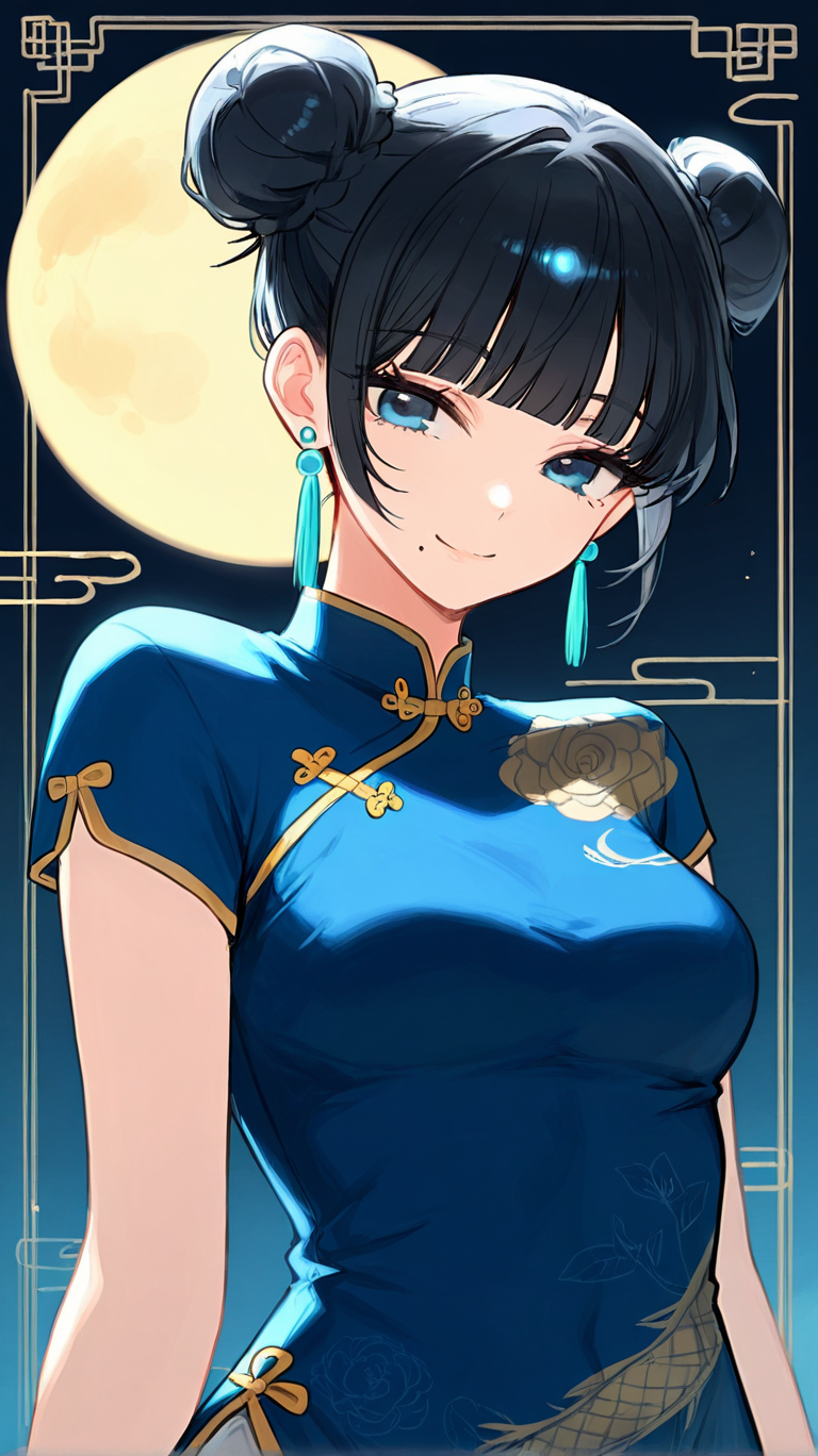 1girl, solo, breasts, looking_at_viewer, smile, short_hair, bangs, blue_eyes, black_hair, dress, jewelry, medium_breasts, closed_mouth, upper_body, short_sleeves, earrings, blunt_bangs, hair_bun, mole, double_bun, blue_dress, chinese_clothes, moon, china_dress, mole_under_mouth