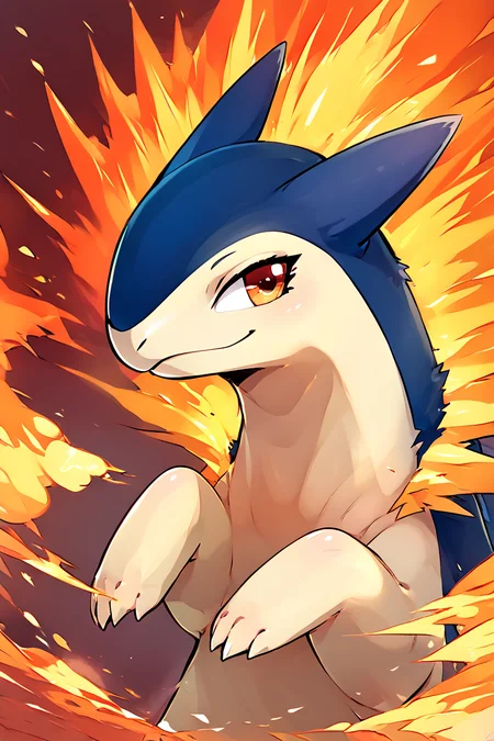 score_9, score_8_up, score_8, ,,, , ,,, zzTyphlosion, no humans, pokemon (creature), fire, <lora:TyphlosionPokedex_PDXL:1.0>, ,,, , BREAK, looking at viewer, ,,, smile, upper body, leaning forward, head tilt, ,,, embedding:zPDXL, Expressiveh, ,,, <lora:theButcherXPDXL:0.8>, <lora:CatalystStylePDXL:0.6>, <lora:SDXLFaeTastic2400:0.5>, <lora:Expressive_H-000001:0.4>,