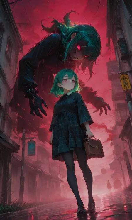 <lora:LCMV2-PONYplus-PAseer:1>
<lora:illustriousXL_stabilizer_v1.72:1>
<lora:DetailedEyes_V3:1>
<lora:Nightmare_Paralized_IL:1>
1girl, arms at sides, bag, black dress, black legwear, blood, blush, bow, city, evil grin, facing away, fire, flying, glowing, glowing eyes, green hair, hand in pocket, holding bag, jewelry, loafers, looking at viewer, looking away, medium hair, night, outdoors, plaid, rain, red sky, scenery, shoes, sign, solo, standing, water, weapon