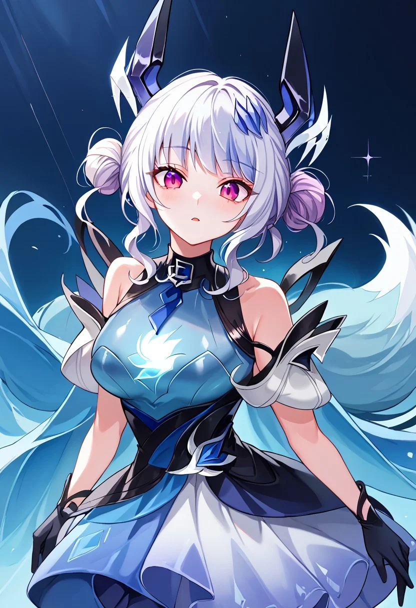 score_9, score_8_up, score_7_up, liliana _wave, 1girl, white hair, purple eyes, thighhighs, gloves, dress, black thighhighs, blue dress, hair ornament, bare shoulders, sleeveless, fox ears, multicolor hair, hair bun, bang, horn