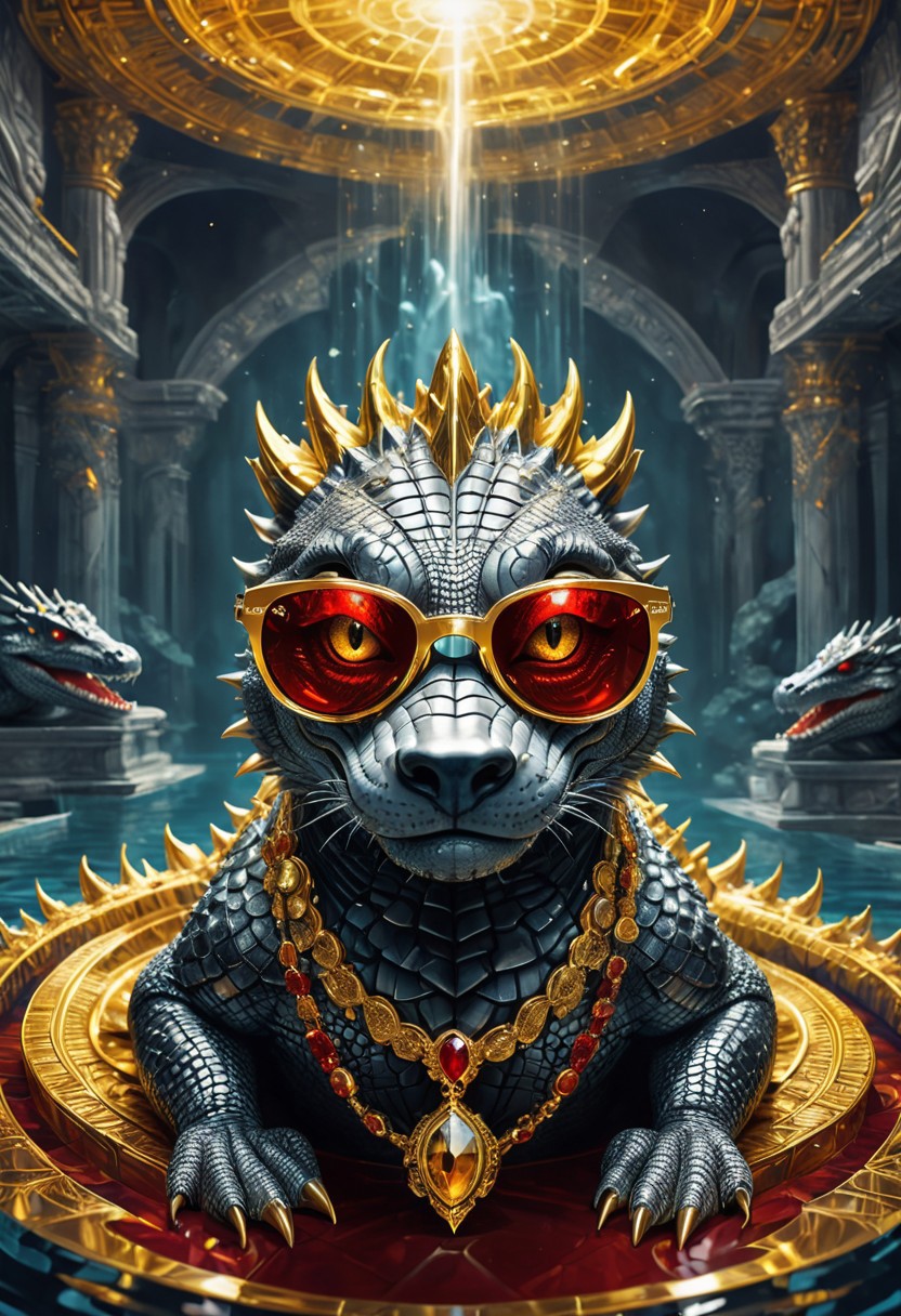 Divine Crocodile with extraordinary details relaxing in the pool in a relaxed style while wearing glasses, Golden and silver in color, Diamond and Onyx eyes, a crimson tinge to the golden color, Hyperdetailed, Omnipresent, Beautiful, Sinister overtones, A clash of Good and Evil in the background promoting Golden silver and Crimson Blacks, full body, otherworldly