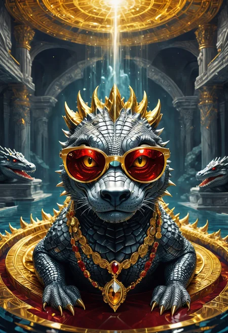 Divine Crocodile with extraordinary details relaxing in the pool in a relaxed style while wearing glasses, Golden and silver in color, Diamond and Onyx eyes, a crimson tinge to the golden color, Hyperdetailed, Omnipresent, Beautiful, Sinister overtones, A clash of Good and Evil in the background promoting Golden silver and Crimson Blacks, full body, otherworldly
