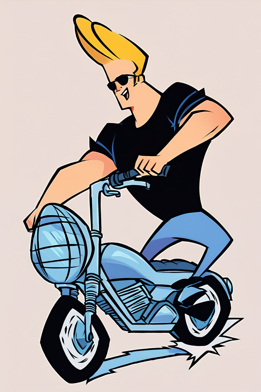score_9, score_8_up, score_7_up, rating_safe, 
br4v0, 1boy, blonde hair, black tshirt, glasses, sunglasses, short hair, elvis hair, riding bike, <lora:Johnny_Bravo_-_br4v0_pony_R0:1>