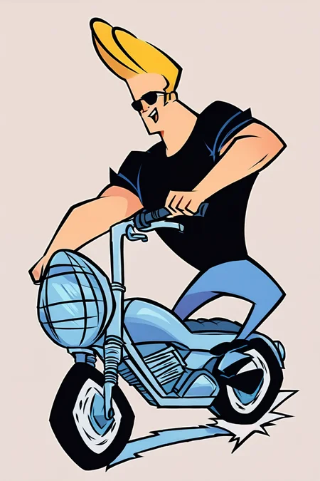 score_9, score_8_up, score_7_up, rating_safe, 
br4v0, 1boy, blonde hair, black tshirt, glasses, sunglasses, short hair, elvis hair, riding bike, <lora:Johnny_Bravo_-_br4v0_pony_R0:1>