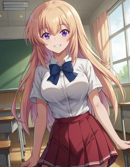 score_9, score_8_up, score_7_up, source_anime,
honamiichinose, <lora:honami-ichinose-s2-ponyxl-lora-nochekaiser:1>
honami ichinose, long hair, blonde hair, purple eyes, hair between eyes,
skirt, bow, school uniform, pleated skirt, bowtie, blue bow, red skirt, collared shirt, white shirt, short sleeves,
indoors, classroom, smile,
looking at viewer, dutch angle, cowboy shot