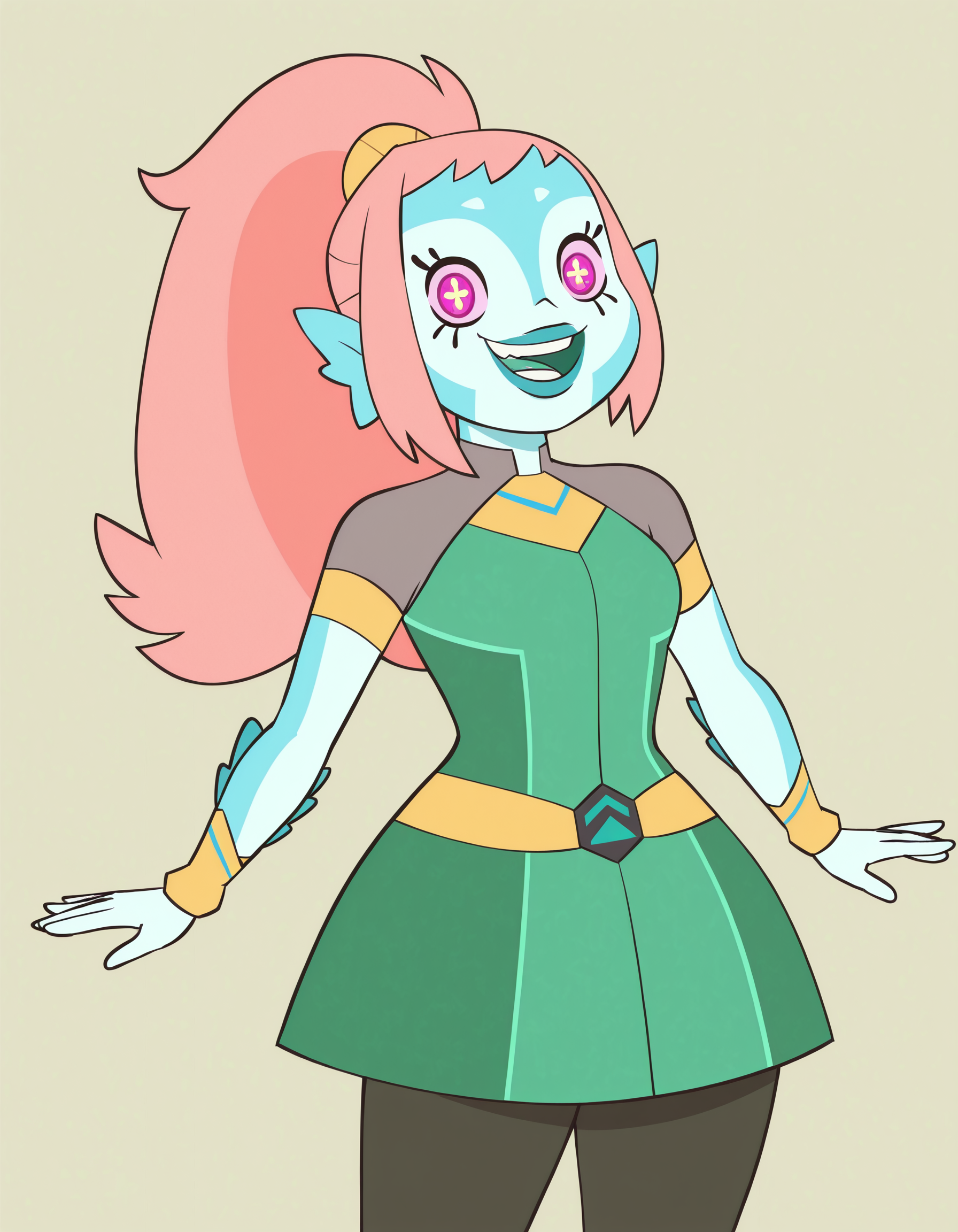 akila, 1girl, alien, blue skin, pink hair, colored skin, ponytail, long hair, pink eyes, head fins,+ +, solo, smile, teeth, symbol-shaped pupils, breasts,dress,cowboy shot,short sleeves,open mouth,  pantyhose,simple background, looking at viewer,standing,  <lora:AkilaIllustrious1.0JLFO:1>