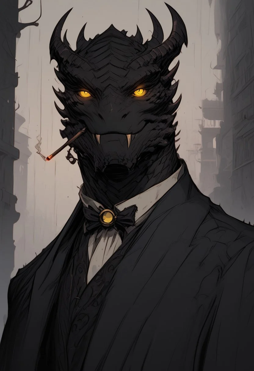 score_9, score_8_up, score_7_up, black dragonborn, tall, strong, solo, snake-like, looking at viewer, male, standing, yellow eyes, male focus, outdoors, american clothes, tuxedo, classy-outfit, horns, colored skin, fangs, raining, colored sclera, black skin, smoking, steampunk-outfit, steampunk, black outfit, dark, evil, religious