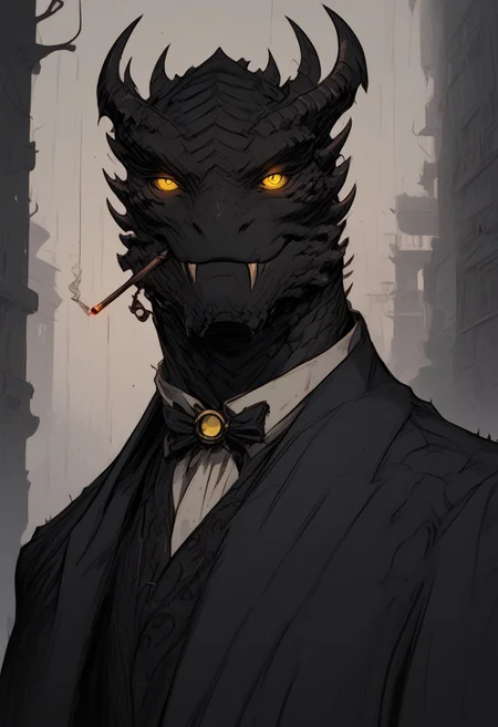 score_9, score_8_up, score_7_up, black dragonborn, tall, strong, solo, snake-like, looking at viewer, male, standing, yellow eyes, male focus, outdoors, american clothes, tuxedo, classy-outfit, horns, colored skin, fangs, raining, colored sclera, black skin, smoking, steampunk-outfit, steampunk, black outfit, dark, evil, religious