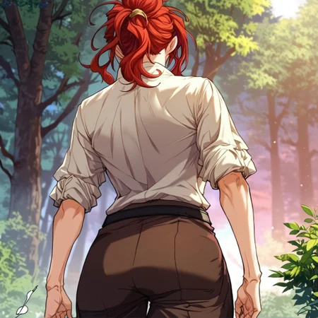 score_9, score_8_up, score_7_up, masterpiece, very high quality, Anime_source, AliciaTermina, blue eyes, red hair, medium hair, ponytail, working uniform, epiCPhoto, brown pants, white top, belt, abs, trees, dark sky, ass, moon