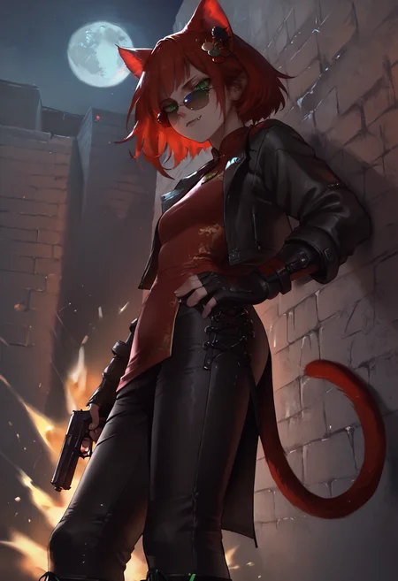 score_9, score_8_up, score_7_up,
solo, 1girl, skinny, catgirl, tail, bob hair, red hair, green eyes, slit pupils, fissure eyes, smile, detailed eyes,
hair ornament, red long shirt, satin shirt, wide millitary pants, chinese clothes, leather jacket, (sunglasses), boots, fingerless gloves, fully clothed,
night, japan city, brick wall, low angle, holding gun, serious face, concentrated, leaning against the wall,
fang, explosion, moon, low angle, looking side, side view, good hands,
<lora:Expressive_H:0.3>, <lora:as109Style:0.8>, <lora:LLDN:0.6>, <lora:Niji-Art_Style_by_Uoh:0.4>, <lora:low-key_lights_v2:0.3>, n3ko, <lora:anti_human_ears:1>,