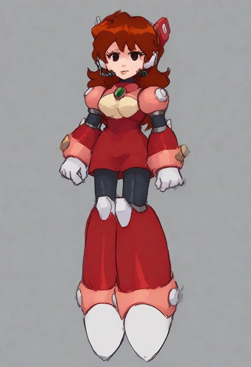 megamanreploid, android, gloves, armor, bodysuit, robot ears, headset, white gloves, Alia's bodysuit, red dress, mecha dress, armored dress, GF FNF