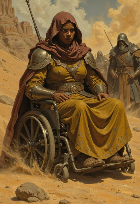 Roland Deschain and his ka-tet, including Susannah, caught in a fierce sandstorm in the vast deserts of Mid-World. Susannah’s wheelchair is partially covered by the swirling sands, her face shielded by a scarf, eyes squinting through the gritty wind, black woman in wheel chair