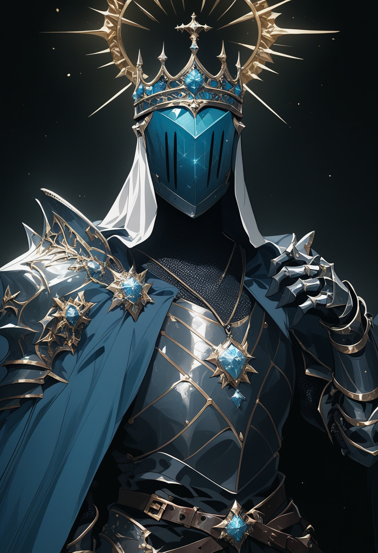 score_9, score_8_up, score_7_up, score_6_up, score_5_up, score_4_up,
 <lora:ArmorSentinelV2:1>, arm0rs3nt1n3l,
spikes, templar, solo, long hair, 1boy, jewelry, upper body, male focus, belt, hand up, necklace, cape, armor, halo, arm up, ring, helmet, black background, crown, gem, shoulder armor, 1other, facing viewer, gauntlets, pendant, pauldrons, breastplate, glint, straight-on, blue cape, blue gemstone, knight, full armor, ambiguous gender, black armor, covered face, helm, plate armor, chainmail