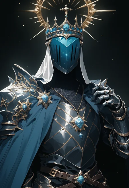 score_9, score_8_up, score_7_up, score_6_up, score_5_up, score_4_up,
<lora:ArmorSentinelV2:1>, arm0rs3nt1n3l,
spikes, templar, solo, long hair, 1boy, jewelry, upper body, male focus, belt, hand up, necklace, cape, armor, halo, arm up, ring, helmet, black background, crown, gem, shoulder armor, 1other, facing viewer, gauntlets, pendant, pauldrons, breastplate, glint, straight-on, blue cape, blue gemstone, knight, full armor, ambiguous gender, black armor, covered face, helm, plate armor, chainmail