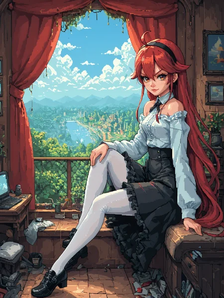 score_9, score_8_up, score_7_up, score_6_up, score_5_up, zPDXL2, max detail, 4k wallpaper, masterpiece, best quality, absurdres, highres, dynamic angle, dynamic pose, ArsMJStylePony, (pixel art, pixelated, pixel art shading:1.1), SketchStyle, d3p1x3l, scenery,
eris greyrat, 1girl, pantyhose, long hair, solo, red eyes, skirt, white pantyhose, red hair, ahoge, sitting, window, black skirt, indoors, curtains, bangs, looking at viewer, hairband, shoes, black footwear, bare shoulders, long sleeves, very long hair, shirt, black hairband, frilled skirt, closed mouth, white shirt, hair between eyes, frills, knee up, hair flaps, off shoulder, full body, sidelocks, v-shaped eyebrows
<lora:eris-greyrat-ponyxl-lora-nochekaiser:0.5>
<lora:mys:0.7> <lora:pixel:0.3> <lora:Retro_pixel_shading_pony:0.5> <lora:ArsMJStylePony_-_Pixel_Art:0.8> <lora:DetailMaximizer:1>
<lora:d3p1x3lXLP:0.3>
<lora:SketchStyleV2:0.3>