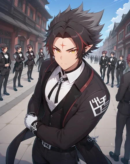 masterpiece, best quality, absurdres, very aesthetic,
1boy, solo, yaoi, male focus,
looking at viewer, cowboy shot, standing,
<lora:Ryan_Werewolf:1> ryanwerewolf, black hair, multicolored hair, pointy ears, facial mark, red hair, two-tone hair, streaked hair, forehead mark, yellow eyes,
tuxedo, neck ribbon, white shirt, collared shirt, black pants, shoes, black footwear, suit jacket, black jacket,
outdoors, day, blue sky, building, people,