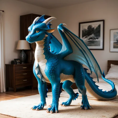 score_9, score_8_up, score_7_up, score_6_up, score_5_up, score_4_up, masterpiece, high quality, realistic, detailed, best quality, solo, rating_safe, source_furry, bedroom, smiling, seductive, looking at viewer, standing, AquaticDragon, dragon, scales, western dragon, wings, (arm frill, leg frill:1.3), chest frill marine scales, blue scales, blue frill, two-tone skin, white underbelly, 1boy, male, feral