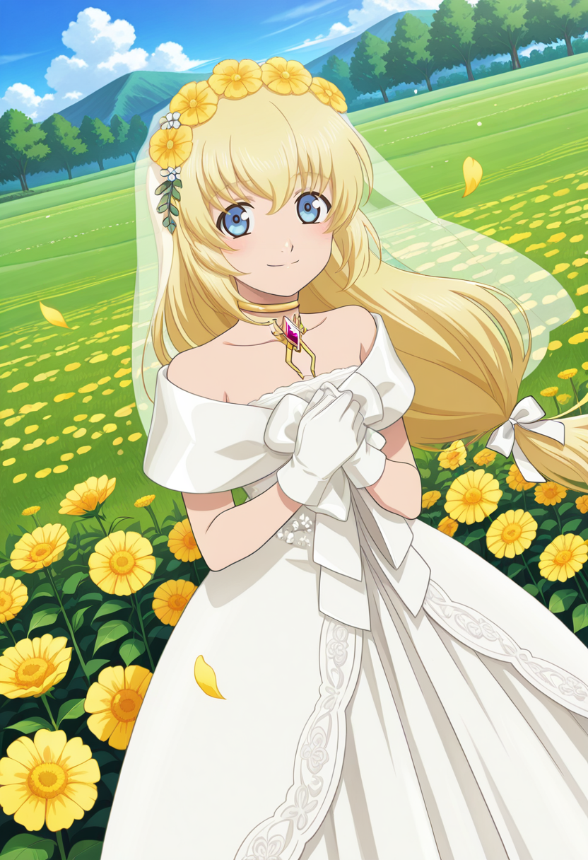 trees, village, field of flowers, flower petals, yellow flowers, clouds, day,
BREAK,
light smile, looking sideways, floating hair, hand on hair,
cowboy shot, dynamic angle,
BREAK,
<lora:coletteX2_illustriousXL_v07:0.9>
coletternd, blonde hair, blue eyes, long hair, choker, chest jewel, wedding dress, collarbone, single braid, hair flower, colettewed, long dress, bridal veil, white gloves,, source_anime, very aesthetic, anime coloring, masterpiece, 
best quality, amazing quality, ultra detailed, very aesthetic, 
detailed background, 
BREAK,