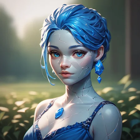 (((beautiful, high quality))), upper Body, score_9, score_8_up, score_7_up,
easynegative, GenasiEarth,
1girl, stone skin, blue gems inclusions, blue gems hair, blue eyes, blue fantasy dress,
looking at the viewer, posing,
blurred background,