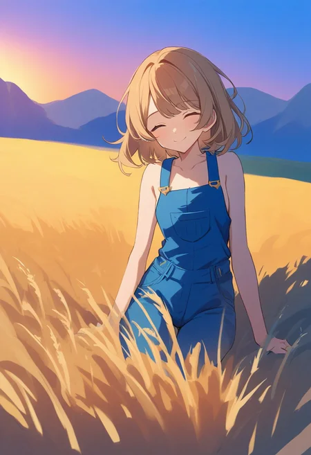 SK3, minimalist, simple drawing, simple shadows, a female model wearing blue overalls, in a wheat field, smiling, sunset