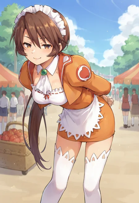 score_9,score_8_up,score_7_up,anime coloring BREAK source_anime,anime,<lora:Paffel_Hazel_summon_night:0.8>,paffel,1girl,solo,brown hair,brown eyes,long hair,ponytail,maid headdress,shirt,orange shirt,orange skirt,waitress,thighhighs,white thighhighs,bent over,smug,arms behind back,outdoors,Festival,