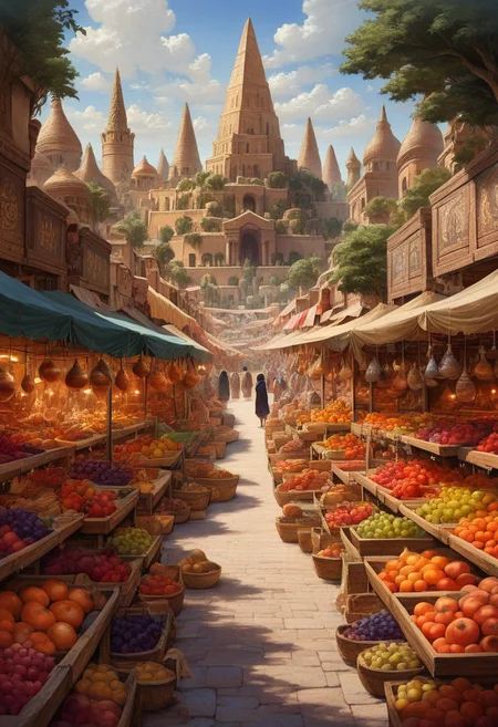 prefect lighting,very aesthetic,best quality,
intricate details,highly detailed background,(masterpiece:0.9),high quality, masterpiece,best quality,ultra-detailed, shorx1, st_babylon, market, building, tree, fruits, day, clouds