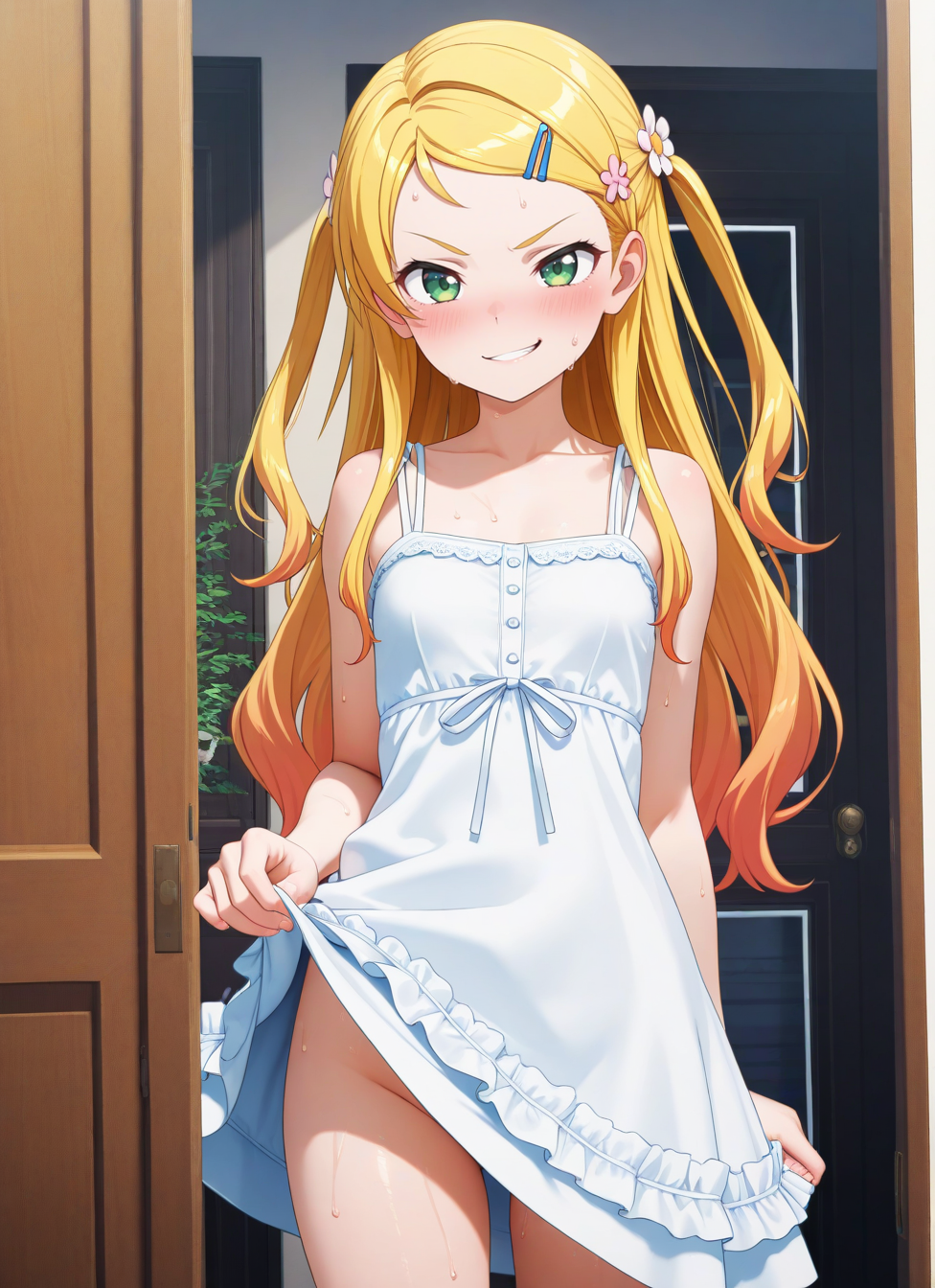 matsugazaki karen, blonde hair, green eyes, long hair, 1girl, solo, hair ornament, blush, hair flower, looking at viewer, sweat, hairclip, sundress, no panties,  smirk, 3d,, <BREAK> , masterpiece, amazing quality, best quality, ultra-detailed, 8K, illustration, CG, anime coloring, <segment:Anzhc Face seg 768MS v2 y8n.pt,0.4,1//cid=11>,