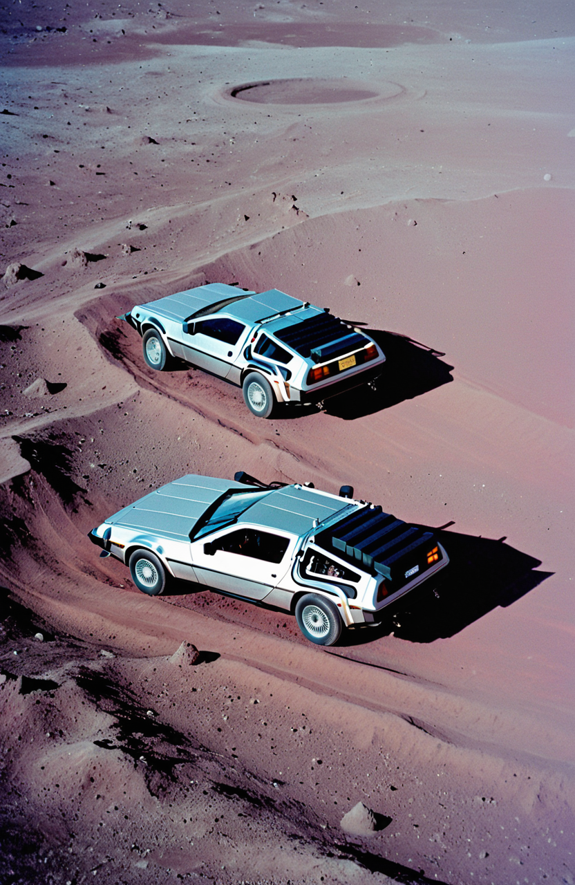 a dreamy retro 8 0 s photo of a delorean on the moon, bloomy, colorful, awesome